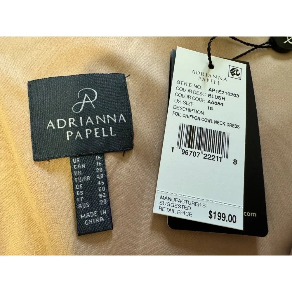 Adrianna Papell Dress 16 Blush Pink Cowl Neck Party Wedding Cruise NEW $199